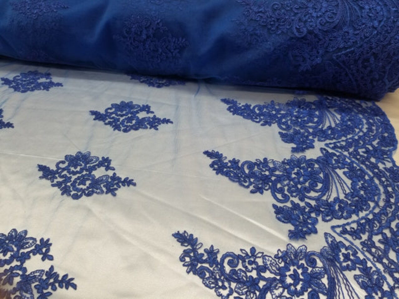 1 Yard Royal Blue French Floral Mesh Lace Fabric for Wedding Dresses and Decor 50/54 Inch Width